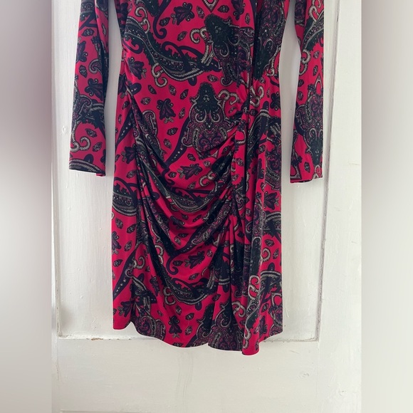 Ralph Lauren Black Label Long Sleeve Red Paisley Jersey Knit Ruched Dress 10 - Picture 4 of 5